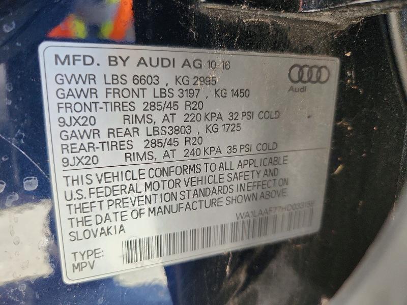 Aukcja sprzedaży 2017 Audi Q7, vin: WA1LAAF77HD033158, numer aukcji: 62330456