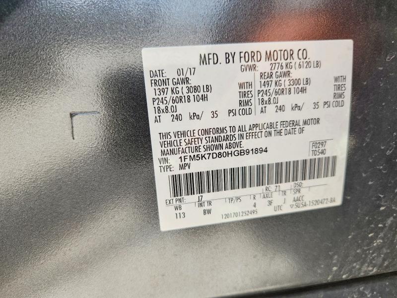 Aukcja sprzedaży 2017 Ford Explorer, vin: 1FM5K7D80HGB91894, numer aukcji: 60797196