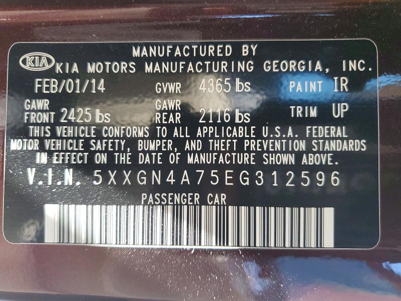 Auction sale of the 2014 Kia Optima, vin: 5XXGN4A75EG312596, lot number: 59291506