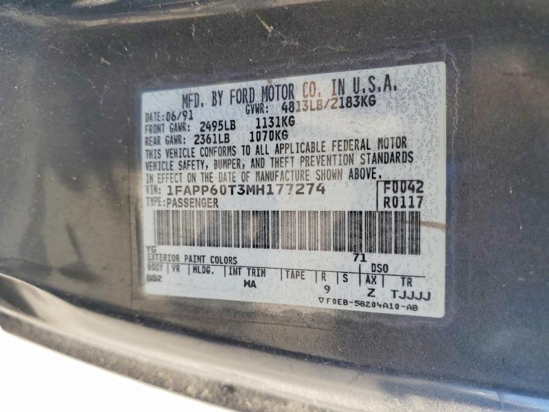 1991 Ford Thunderbird მანქანა იყიდება აუქციონზე, vin: 1FAPP60T3MH177274, აუქციონის ნომერი: 59874576