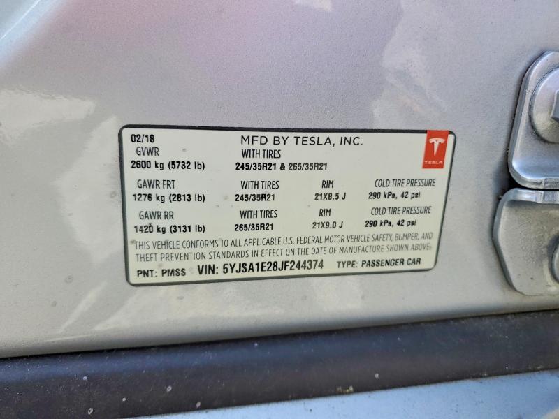 Aukcja sprzedaży 2018 Tesla Model S, vin: 5YJSA1E28JF244374, numer aukcji: 59583066
