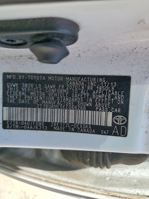 2014 Toyota Corolla მანქანა იყიდება აუქციონზე, vin: 2T1BURHE5EC066266, აუქციონის ნომერი: 60431386