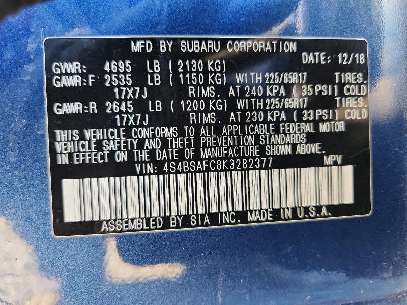 Продаж на аукціоні авто 2019 Subaru Outback, vin: 4S4BSAFC8K3282377, номер лоту: 59390596