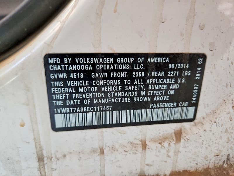 60420696 :رقم المزاد ، 1VWBT7A38EC117457 vin ، 2014 Volkswagen Passat مزاد بيع