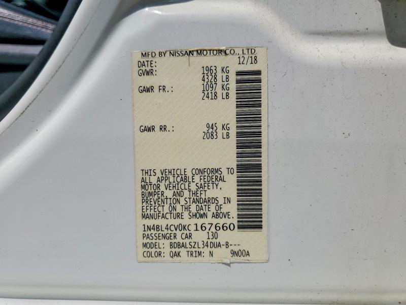 2019 Nissan Altima მანქანა იყიდება აუქციონზე, vin: 1N4BL4CV0KC167660, აუქციონის ნომერი: 59882606