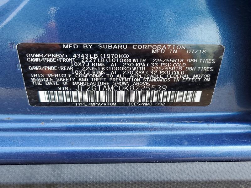 59845186 :رقم المزاد ، JF2GTAMC0K8225539 vin ، 2019 Subaru Crosstrek مزاد بيع