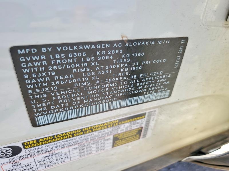 Aukcja sprzedaży 2012 Volkswagen Touareg, vin: WVGFK9BPXCD005038, numer aukcji: 61769736