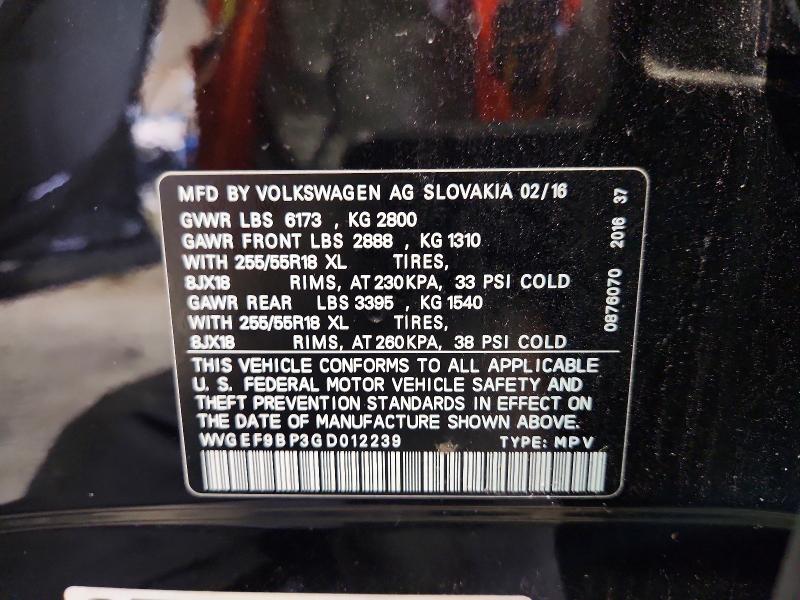 60840256 :رقم المزاد ، WVGEF9BP3GD012239 vin ، 2016 Volkswagen Touareg مزاد بيع