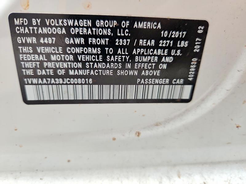 Продажа на аукционе авто 2018 Volkswagen Passat, vin: 1VWAA7A39JC008016, номер лота: 59597336