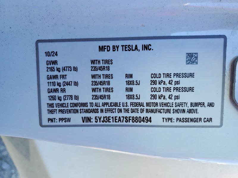 61641466 :رقم المزاد ، 5YJ3E1EA7SF880494 vin ، 2025 Tesla Model 3 مزاد بيع