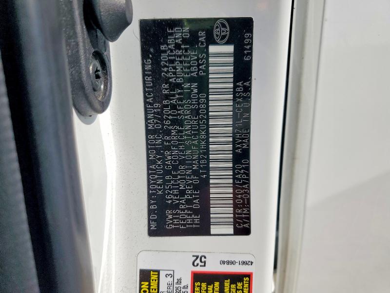 2019 Toyota Camry Hybrid მანქანა იყიდება აუქციონზე, vin: 4T1B21HK8KU520890, აუქციონის ნომერი: 60276616