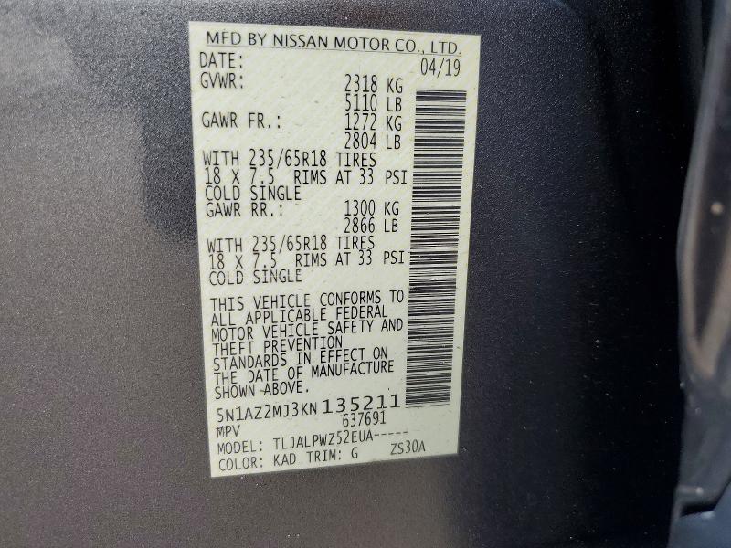 2019 Nissan Murano მანქანა იყიდება აუქციონზე, vin: 5N1AZ2MJ3KN135211, აუქციონის ნომერი: 60844936