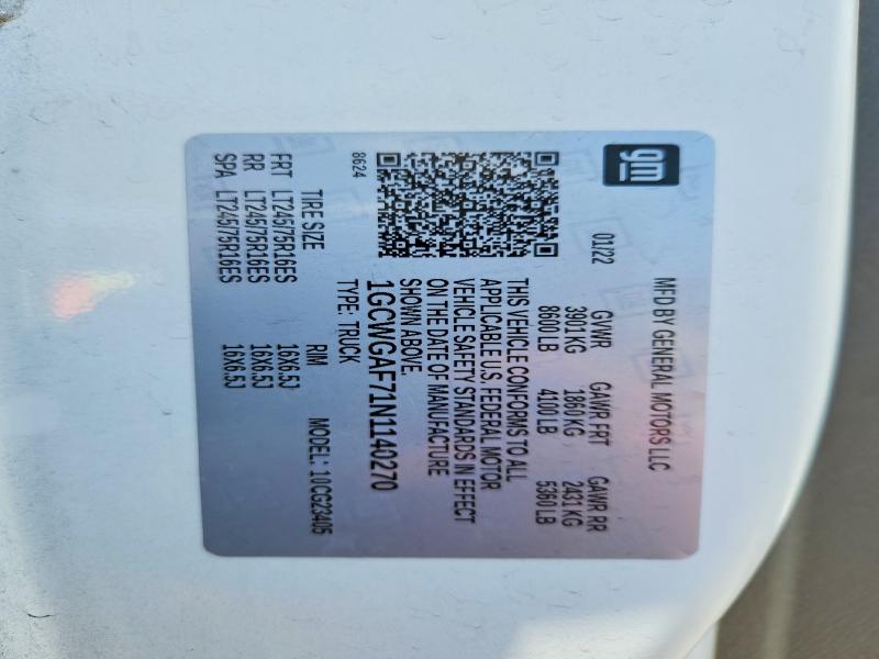 Aukcja sprzedaży 2022 Chevrolet Express G2500, vin: 1GCWGAF71N1140270, numer aukcji: 85603305