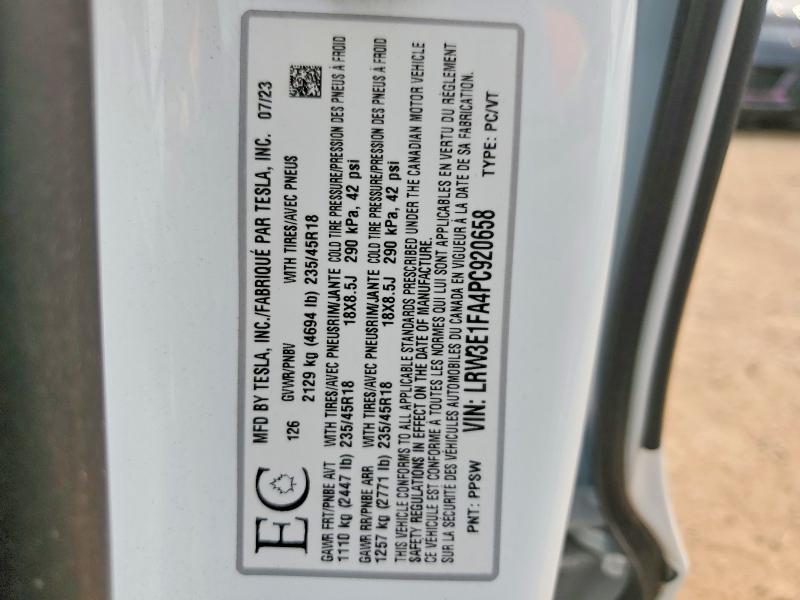 Продажа на аукционе авто 2023 Tesla Model 3, vin: LRW3E1FA4PC920658, номер лота: 59397846