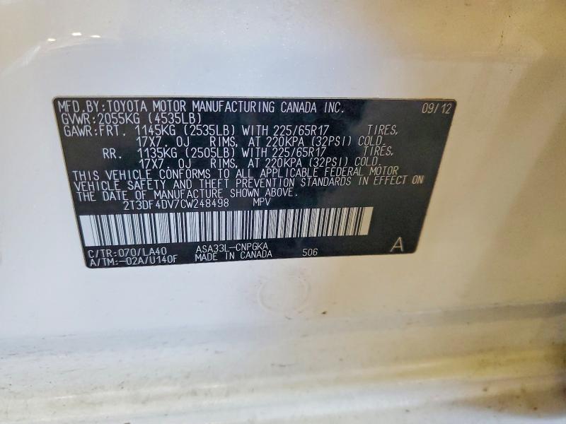 Aukcja sprzedaży 2012 Toyota Rav4, vin: 2T3DF4DV7CW248498, numer aukcji: 59785396
