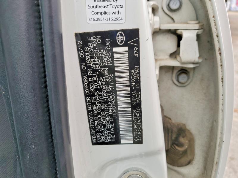 2012 Toyota Prius C მანქანა იყიდება აუქციონზე, vin: JTDKDTB30C1511356, აუქციონის ნომერი: 62057676