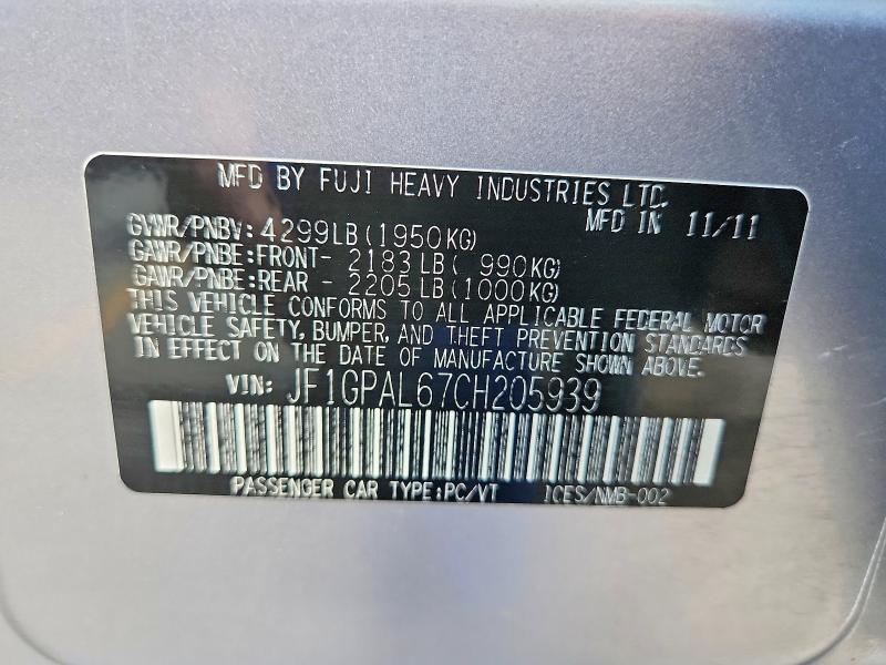 Продажа на аукционе авто 2012 Subaru Impreza, vin: JF1GPAL67CH205939, номер лота: 60996756