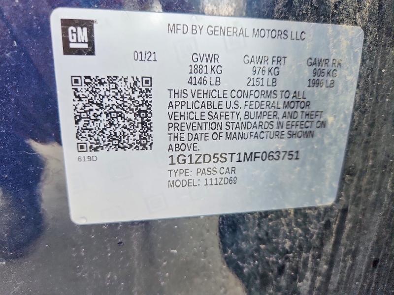 Aukcja sprzedaży 2021 Chevrolet Malibu, vin: 1G1ZD5ST1MF063751, numer aukcji: 62478796