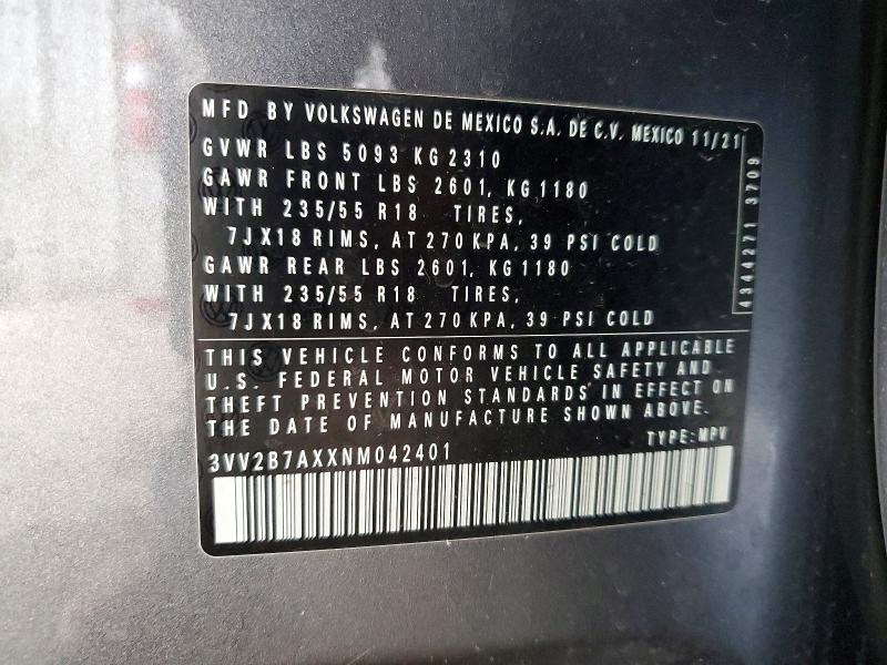 62460076 :رقم المزاد ، 3VV2B7AXXNM042401 vin ، 2022 Volkswagen Tiguan مزاد بيع