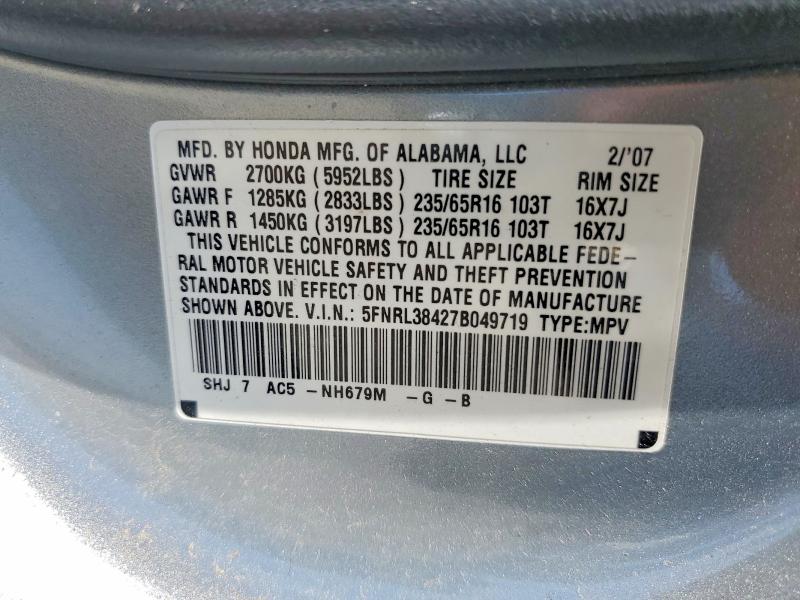 62469536 :رقم المزاد ، 5FNRL38427B049719 vin ، 2007 Honda Odyssey مزاد بيع