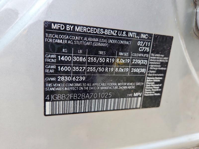 Aukcja sprzedaży 2011 Mercedes-benz Ml, vin: 4JGBB2FB2BA701025, numer aukcji: 60921436