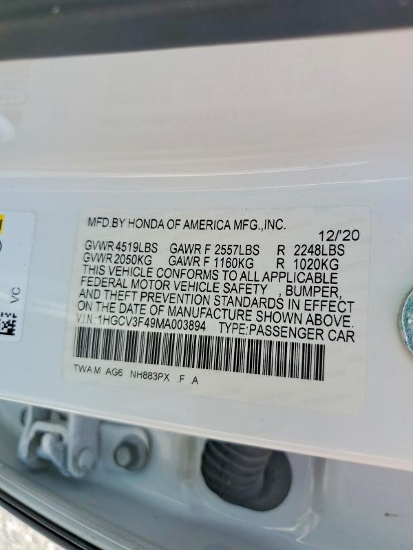 61762386 :رقم المزاد ، 1HGCV3F49MA003894 vin ، 2021 Honda Accord مزاد بيع