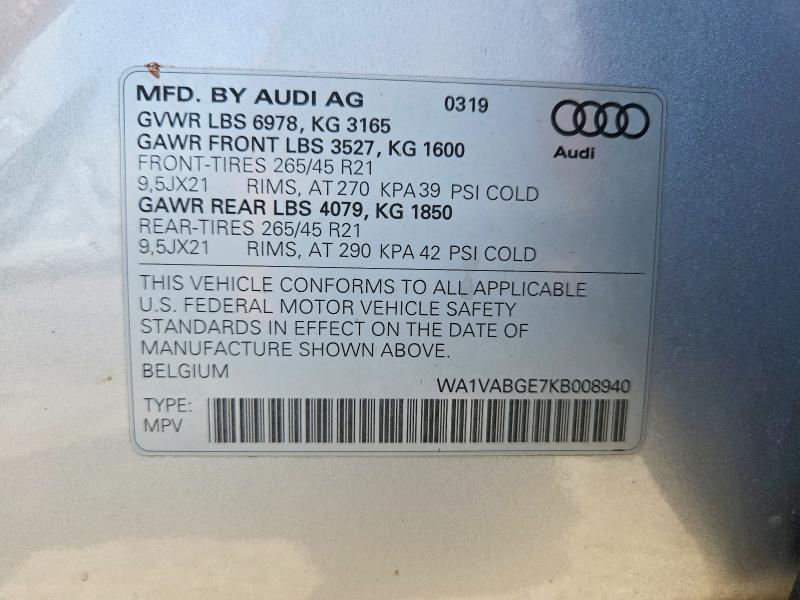 Aukcja sprzedaży 2019 Audi E-tron, vin: WA1VABGE7KB008940, numer aukcji: 61415876