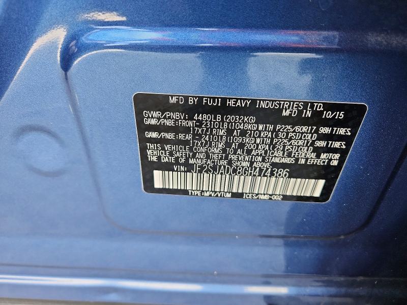 2016 Subaru Forester მანქანა იყიდება აუქციონზე, vin: JF2SJADC8GH474386, აუქციონის ნომერი: 61903156