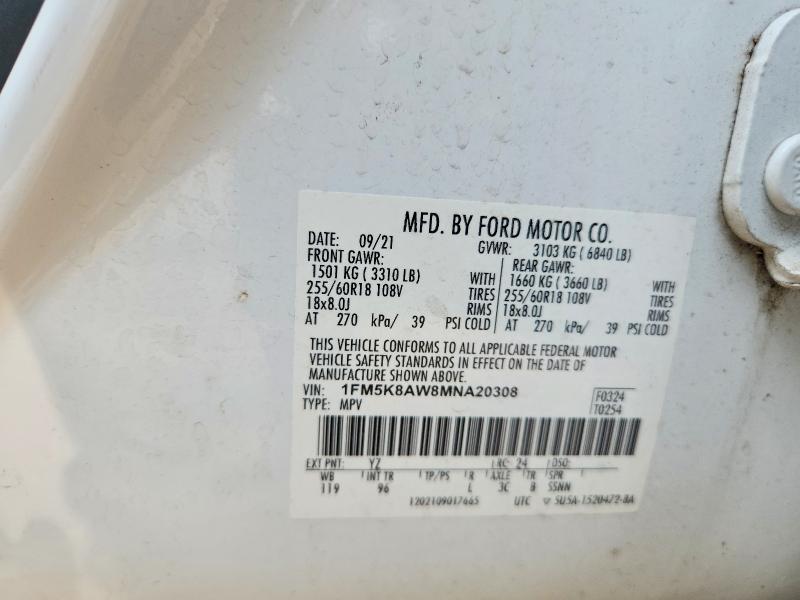 2021 Ford Explorer მანქანა იყიდება აუქციონზე, vin: 1FM5K8AW8MNA20308, აუქციონის ნომერი: 57336056