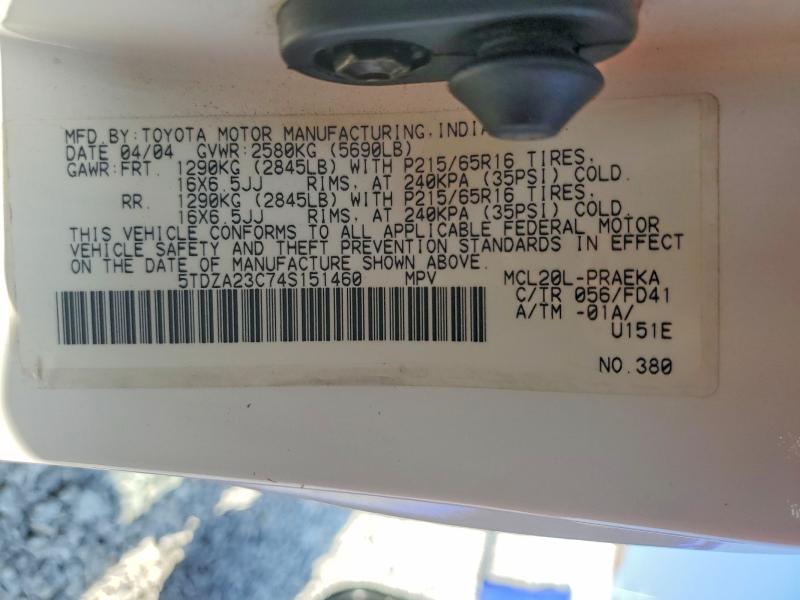Продаж на аукціоні авто 2004 Toyota Sienna, vin: 5TDZA23C74S151460, номер лоту: 61802786