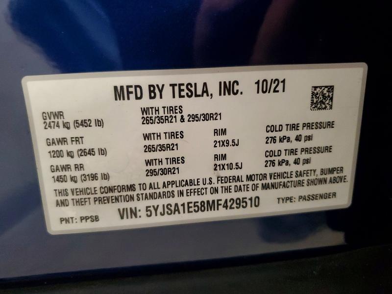 Aukcja sprzedaży 2021 Tesla Model S, vin: 5YJSA1E58MF429510, numer aukcji: 60651836