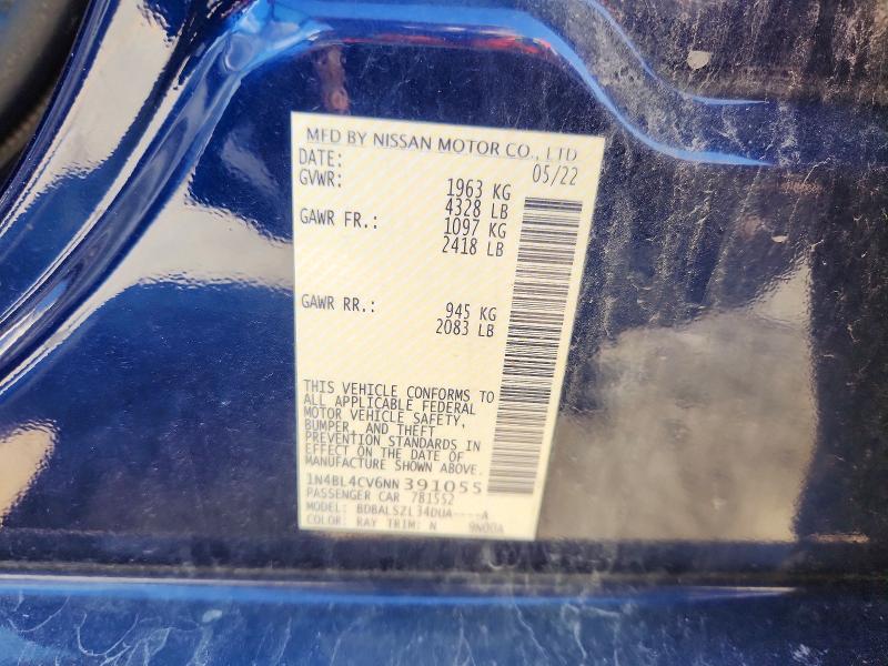 2022 Nissan Altima მანქანა იყიდება აუქციონზე, vin: 1N4BL4CV6NN391055, აუქციონის ნომერი: 59229366