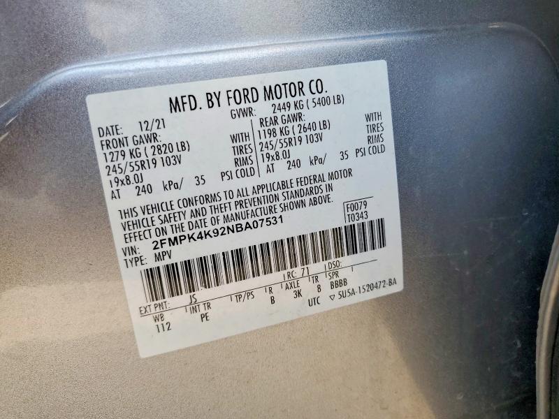 2022 Ford Edge მანქანა იყიდება აუქციონზე, vin: 2FMPK4K92NBA07531, აუქციონის ნომერი: 61503676