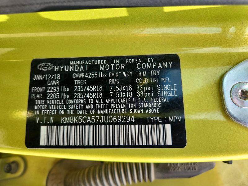 2018 Hyundai Kona მანქანა იყიდება აუქციონზე, vin: KM8K5CA57JU069294, აუქციონის ნომერი: 61982596