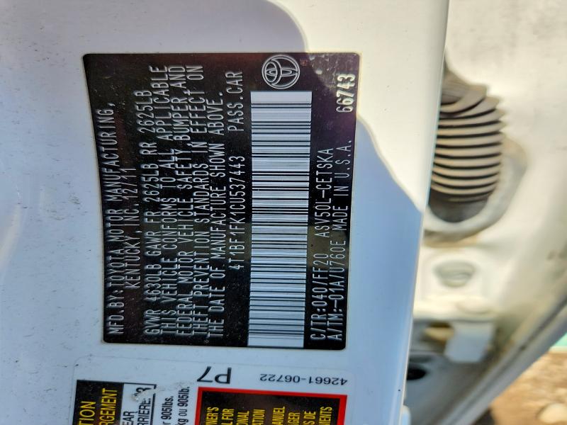 Aukcja sprzedaży 2012 Toyota Camry, vin: 4T1BF1FK1CU537443, numer aukcji: 59877426
