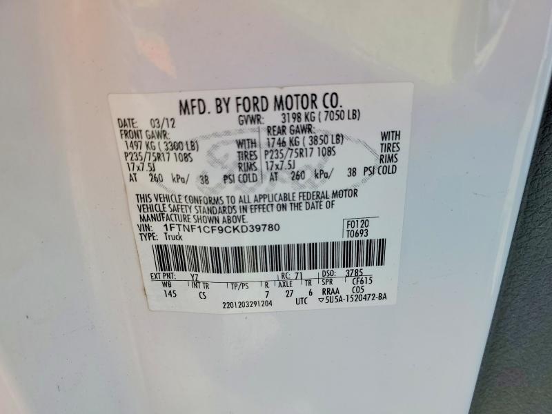 61387846 :رقم المزاد ، 1FTNF1CF9CKD39780 vin ، 2012 Ford F150 مزاد بيع