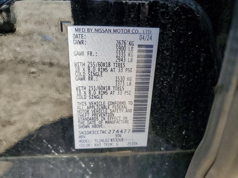 59649976 :رقم المزاد ، 5N1DR3CC7RC274477 vin ، 2024 Nissan Pathfinder مزاد بيع