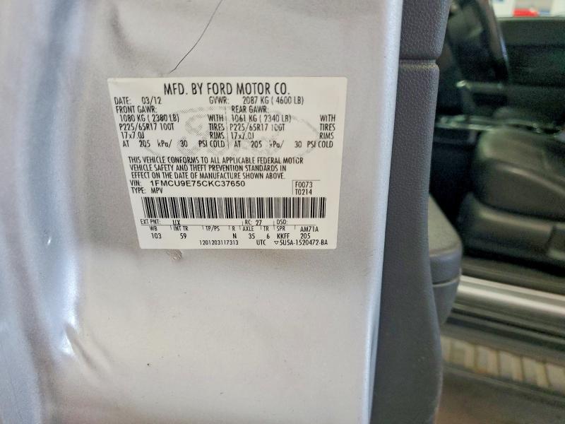 60898276 :رقم المزاد ، 1FMCU9E75CKC37650 vin ، 2012 Ford Escape مزاد بيع