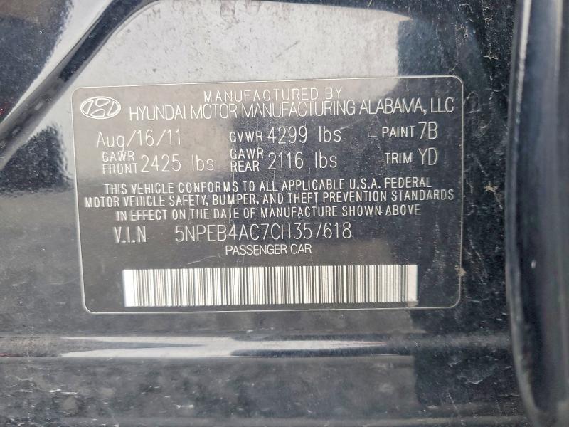 59699296 :رقم المزاد ، 5NPEB4AC7CH357618 vin ، 2012 Hyundai Sonata مزاد بيع