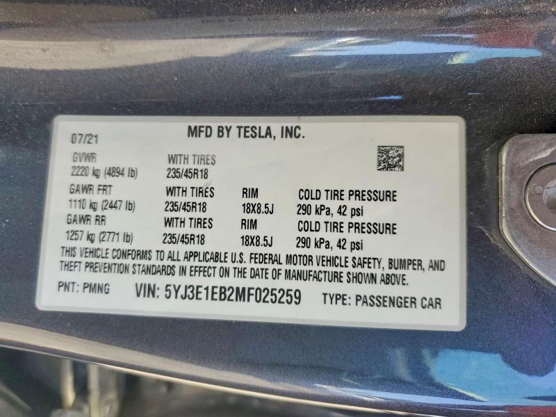 Продаж на аукціоні авто 2021 Tesla Model 3, vin: 5YJ3E1EB2MF025259, номер лоту: 62465046