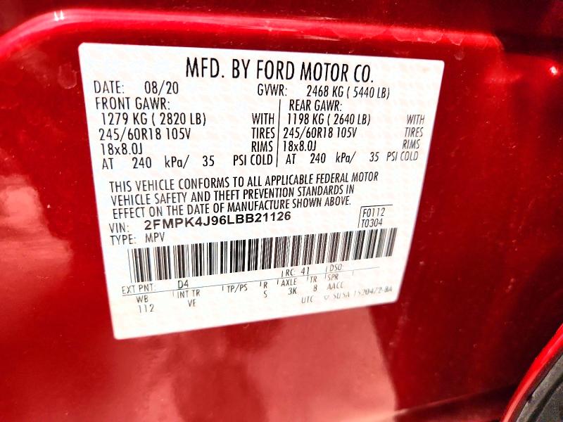 2020 Ford Edge მანქანა იყიდება აუქციონზე, vin: 2FMPK4J96LBB21126, აუქციონის ნომერი: 60463876