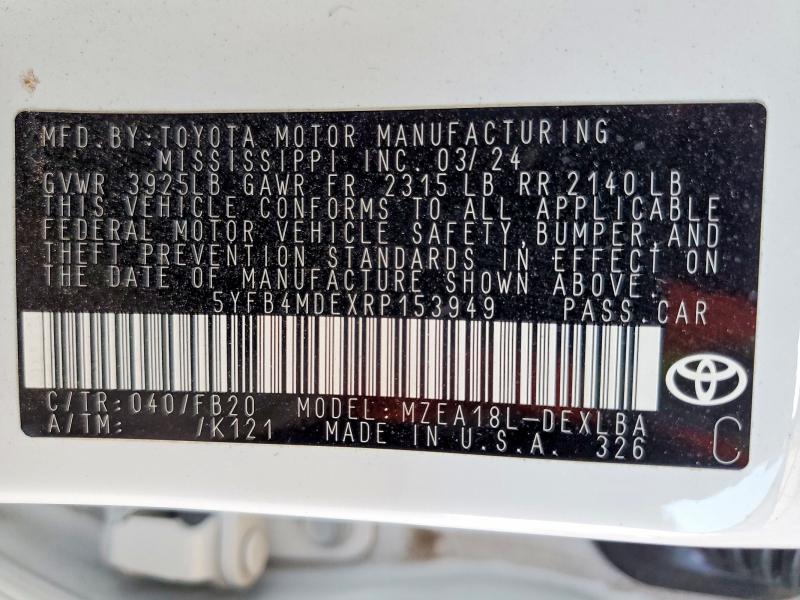Aukcja sprzedaży 2024 Toyota Corolla, vin: 5YFB4MDEXRP153949, numer aukcji: 62121656