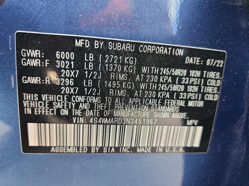 59905366 :رقم المزاد ، 4S4WMARD3N3451967 vin ، 2022 Subaru Ascent مزاد بيع