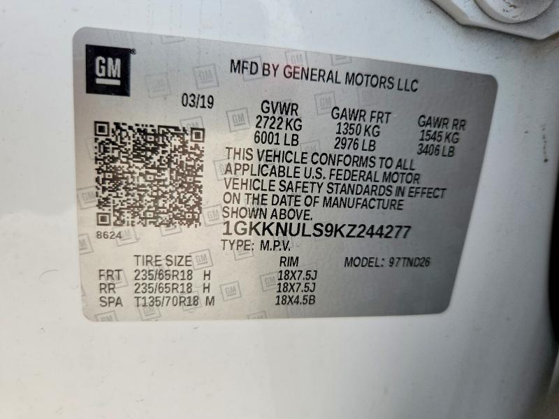 2019 Gmc Acadia მანქანა იყიდება აუქციონზე, vin: 1GKKNULS9KZ244277, აუქციონის ნომერი: 61055696
