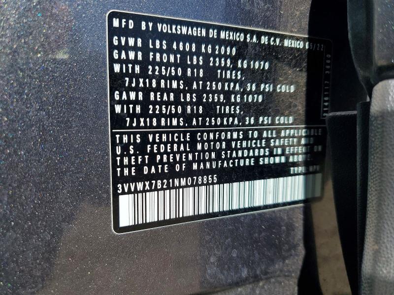 60425336 :رقم المزاد ، 3VVWX7B21NM078855 vin ، 2022 Volkswagen Taos مزاد بيع