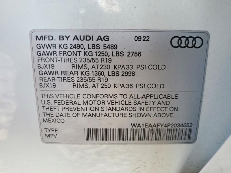 2023 Audi Q5 მანქანა იყიდება აუქციონზე, vin: WA1EAAFY4P2034652, აუქციონის ნომერი: 60965726