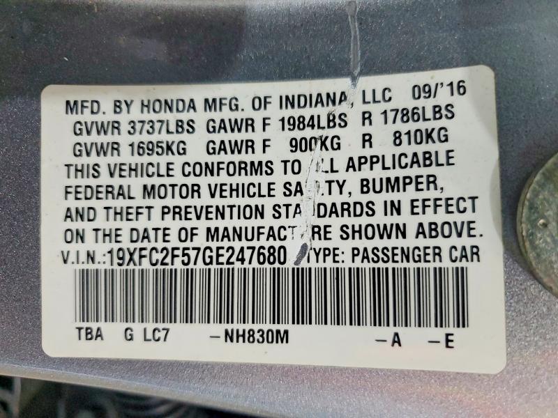Продажа на аукционе авто 2016 Honda Civic, vin: 19XFC2F57GE247680, номер лота: 59807336