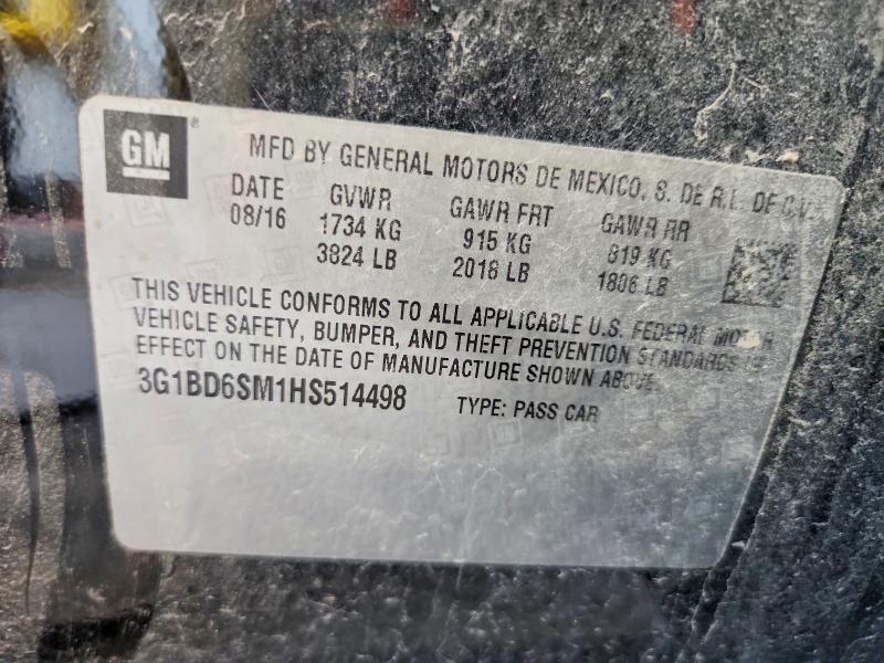 2017 Chevrolet Cruze მანქანა იყიდება აუქციონზე, vin: 3G1BD6SM1HS514498, აუქციონის ნომერი: 60898596