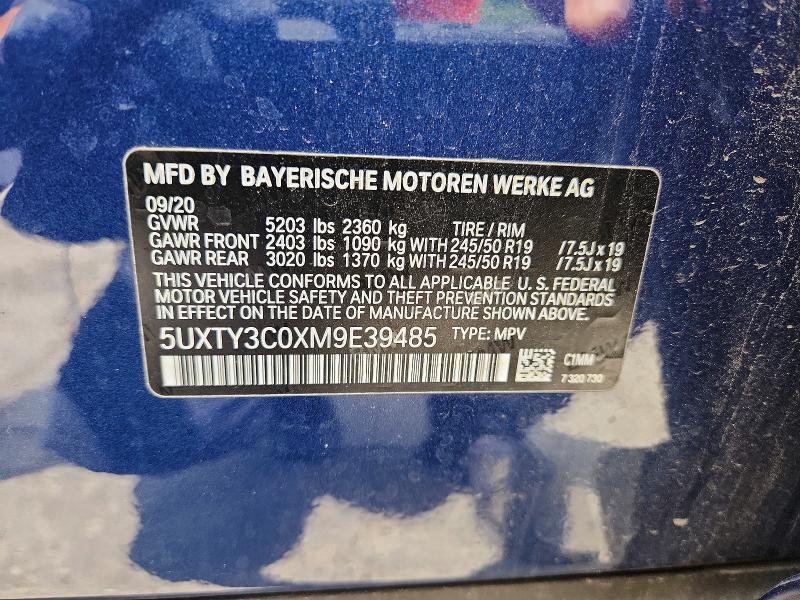 2021 Bmw X3 მანქანა იყიდება აუქციონზე, vin: 5UXTY3C0XM9E39485, აუქციონის ნომერი: 61962636
