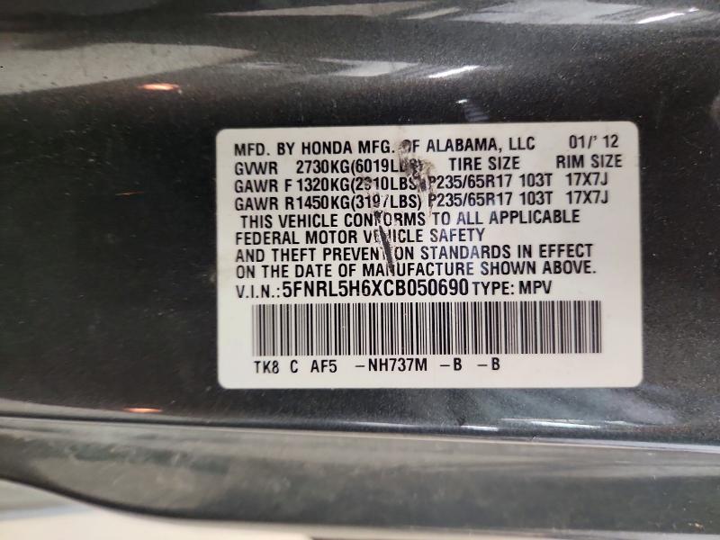 61555176 :رقم المزاد ، 5FNRL5H6XCB050690 vin ، 2012 Honda Odyssey مزاد بيع